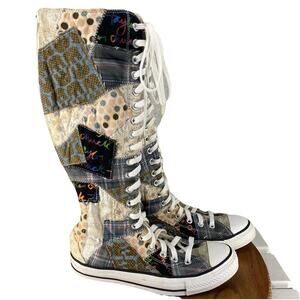 🎨 Converse All Star Knee High Plaid Patchwork Sneakers Sz 8